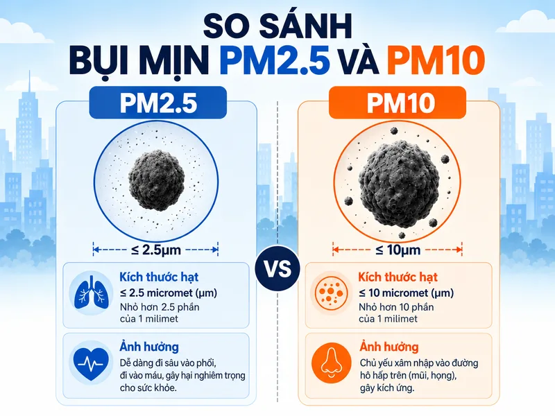 So sánh kích thước bụi PM2.5, PM10 và các hạt bụi lớn trong không khí